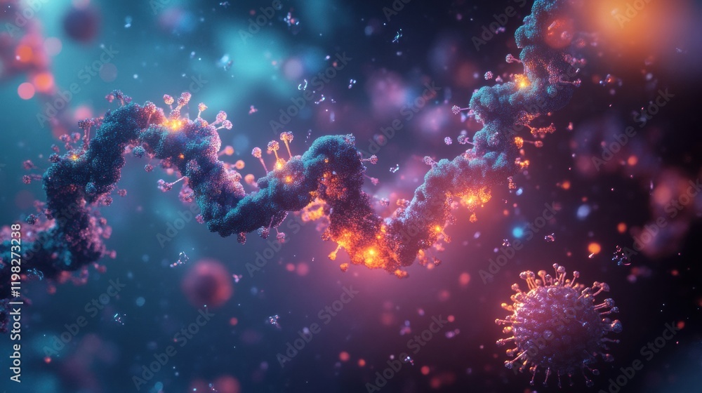 Leinwandbilder Close up of molecular RNA structure surrounded by various viruses under a vibrant microscopic view. Generative AI