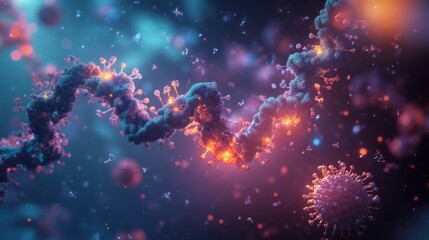 Close up of molecular RNA structure surrounded by various viruses under a vibrant microscopic view. Generative AI