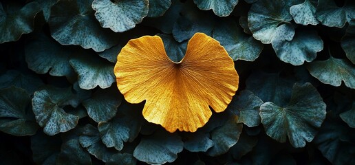 Golden leaf heart among teal foliage. Nature photography for design