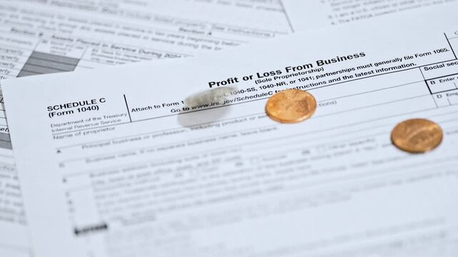 Schedule C, Profit or Loss From Business Form, Slow Motion Coins Dropping, 4K Video Close-Up
