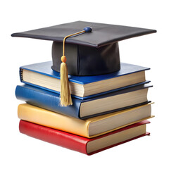 Stack of different colored books with a graduation cap Isolated on white background