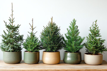 Beautiful arrangement of potted evergreen trees in various sizes and colors for home decor