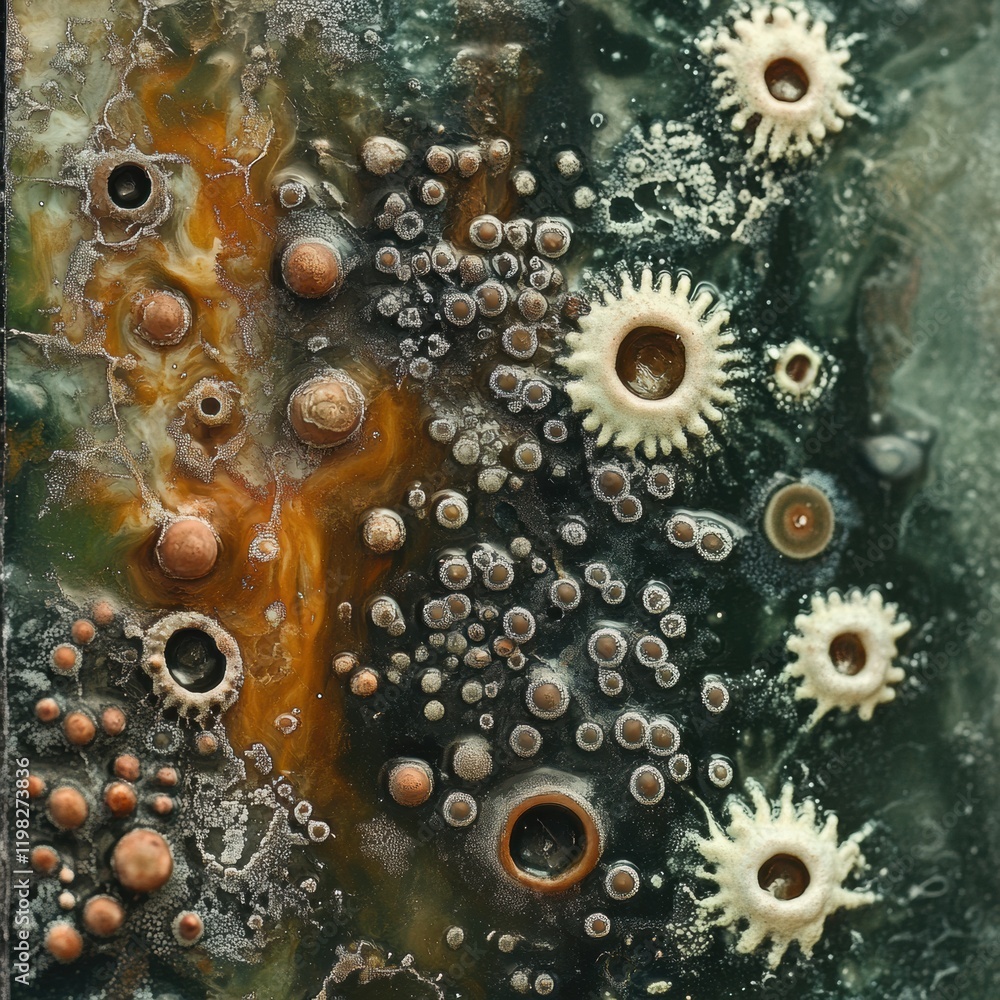 Poster dense layer of diverse microbes showcasing intricate structures and textures through a vibrant color