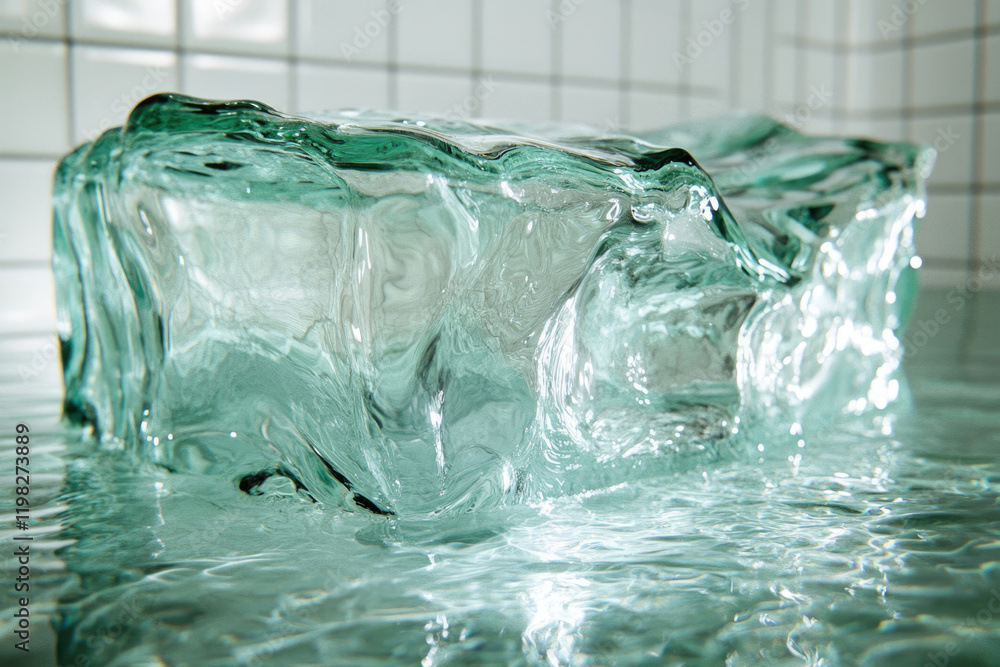 Poster a translucent green ice cube submerges in water, creating ripples and reflections.