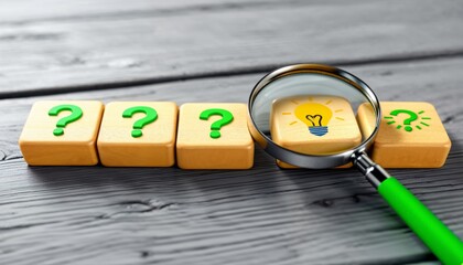 Wooden blocks, question marks, light bulb icon, magnifying glass, bright green and yellow, problem-solving concept,investigation theme. 3D render.