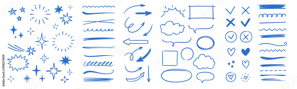Poster line arrow hand drawn shape brush underline stroke element vector set. hand drawn doodle sketch arro