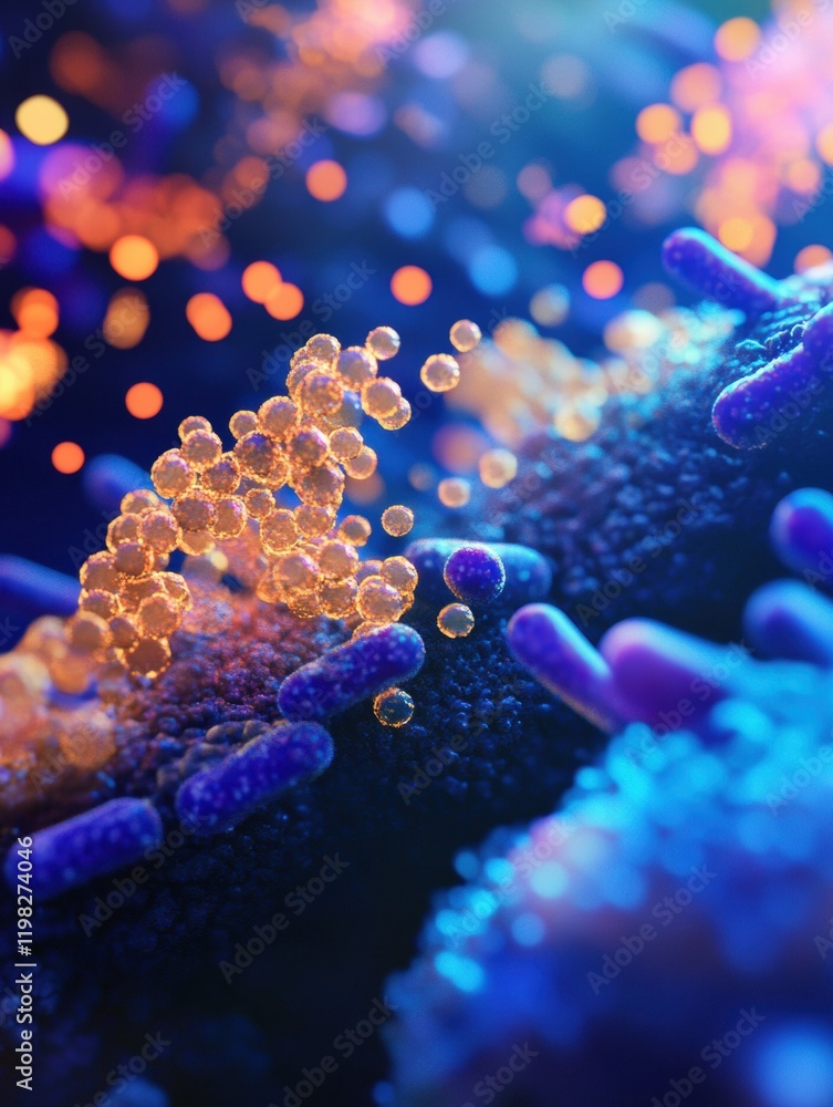 Aufkleber molecular interactions between microbes showcasing vibrant colors and detailed structures under micr