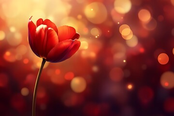Single Red Tulip in Warm Bokeh Light, Romantic Backdrop