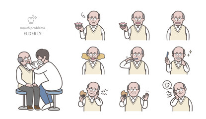 Naklejka premium 高齢男性の歯科診療イラストセット