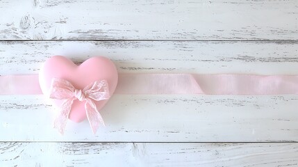 Romantic Valentine's Day background with a pink heart, ribbon, and bow on a white wooden table, with copy space