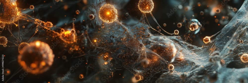 Poster 3d render showcasing diverse microbes thriving in a vibrant, illuminated environment with intricate 