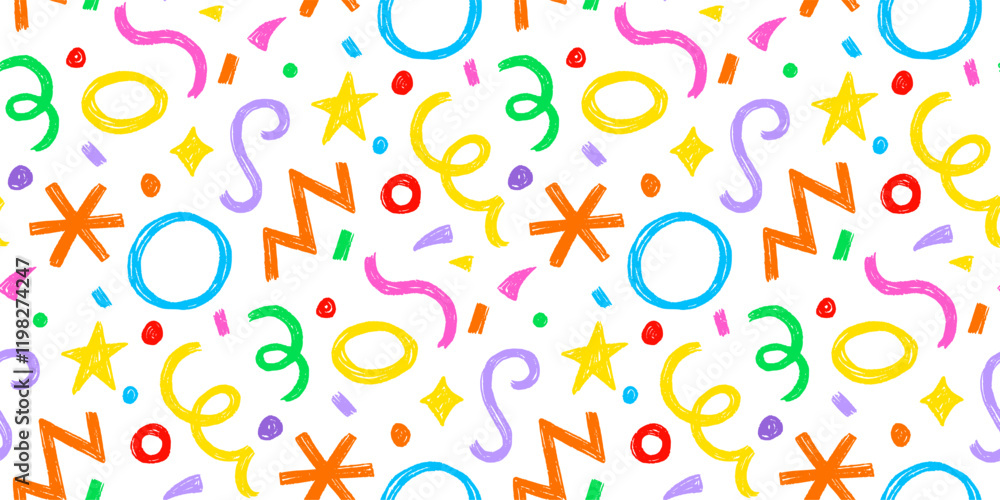 Leinwandbilder kid seamless pattern child fun shape squiggle confetti background. hand drawn color crayon backgroun