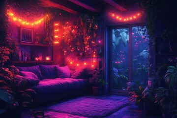 dreamy anime-style illustration of cozy treehouse interior, string lights creating warm glow, lush plants, lofi color palette with soft purple shadows