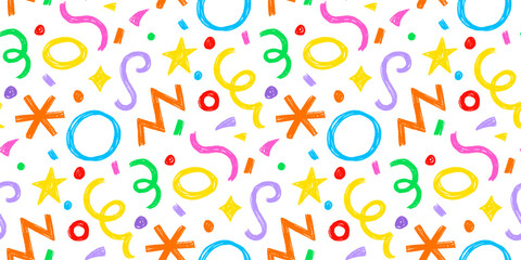 Kid seamless pattern child fun shape squiggle confetti background. Hand drawn color crayon background fun child squiggle shape. Crayon color confetti abstract seamless pattern vector illustration