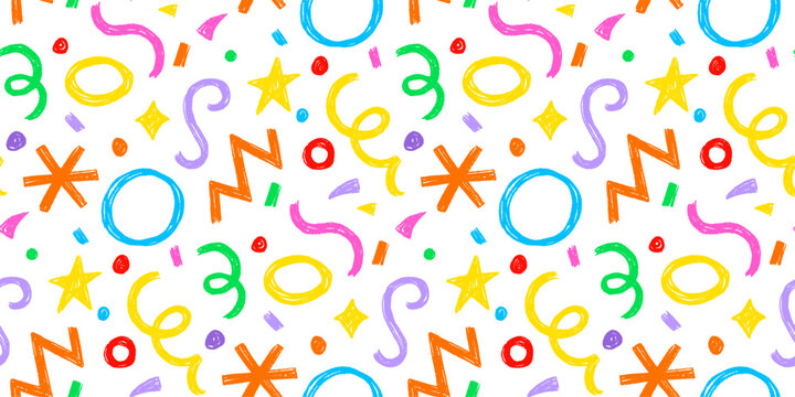 Kid seamless pattern child fun shape squiggle confetti background. Hand drawn color crayon background fun child squiggle shape. Crayon color confetti abstract seamless pattern vector illustration