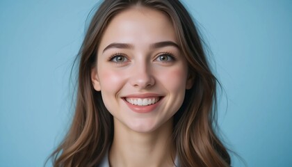 Naklejka premium Close Up Portrait of a Young Woman in White Professional Suit with Radiant Smile and Warm Expression on Light Blue Background