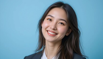 Obraz premium Close Up Portrait of a Young Woman in White Professional Suit with Radiant Smile and Warm Expression on Light Blue Background