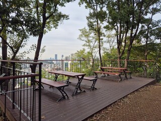 산 쉼터 나무 판자 벤치 책상 여유로운 한적한 공원