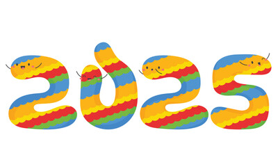 new year 2025 text number with cute funny colorful doodle character and wavy pattern vector illustration design for poster, banner, calendar, greeting card.