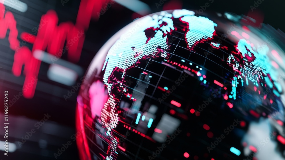 Poster futuristic digital globe with glowing data points and surrounded by graphs and data visualizations