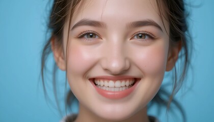 Naklejka premium Close Up Portrait of a Young Woman in White Professional Suit with Radiant Smile and Warm Expression on Light Blue Background