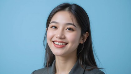 Fototapeta premium Close Up Portrait of a Young Woman in White Professional Suit with Radiant Smile and Warm Expression on Light Blue Background