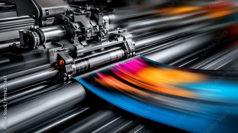 Poster high-speed printing press in action with sharp focus on vibrant colors and mechanical precision