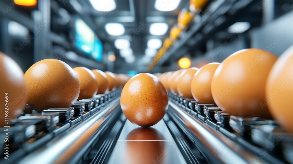 Poster high-tech egg production line in a modern factory showing rows of eggs on a conveyor system