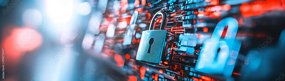 Poster high-tech virtual workspace with digital security features and padlocks in futuristic background