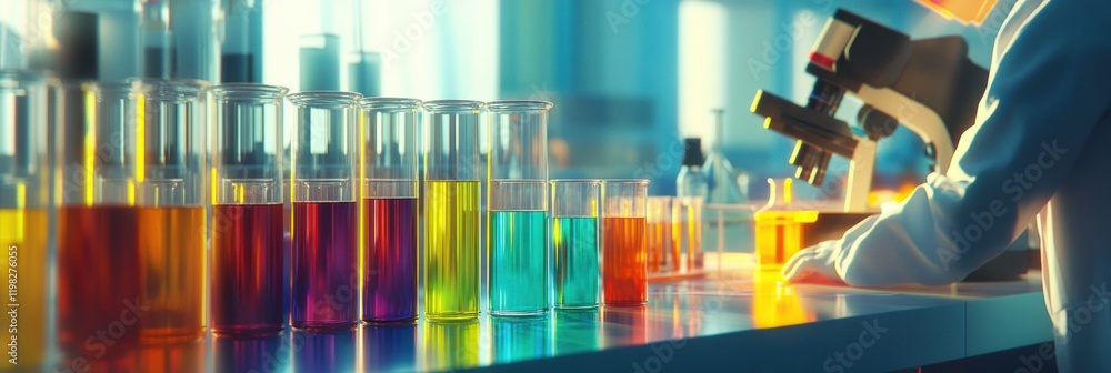 Aufkleber laboratory setting with colorful test tubes and microscope during a research session. generative ai