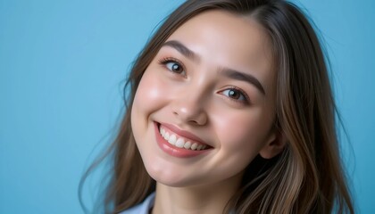 Naklejka premium Close Up Portrait of a Young Woman in White Professional Suit with Radiant Smile and Warm Expression on Light Blue Background