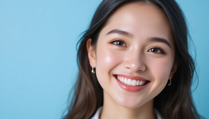 Naklejka premium Close Up Portrait of a Young Woman in White Professional Suit with Radiant Smile and Warm Expression on Light Blue Background