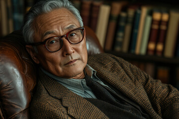 A contemplative senior gentleman, wearing glasses and a tweed jacket, sits in a leather armchair against a bookshelf.