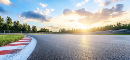 Sunset race track curve, trees background, speed