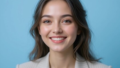 Fototapeta premium Close Up Portrait of a Young Woman in White Professional Suit with Radiant Smile and Warm Expression on Light Blue Background