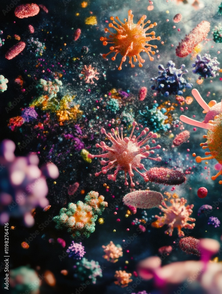 Poster colorful array of bacteria and microbes floating in a dark environment full of vibrant colors and te