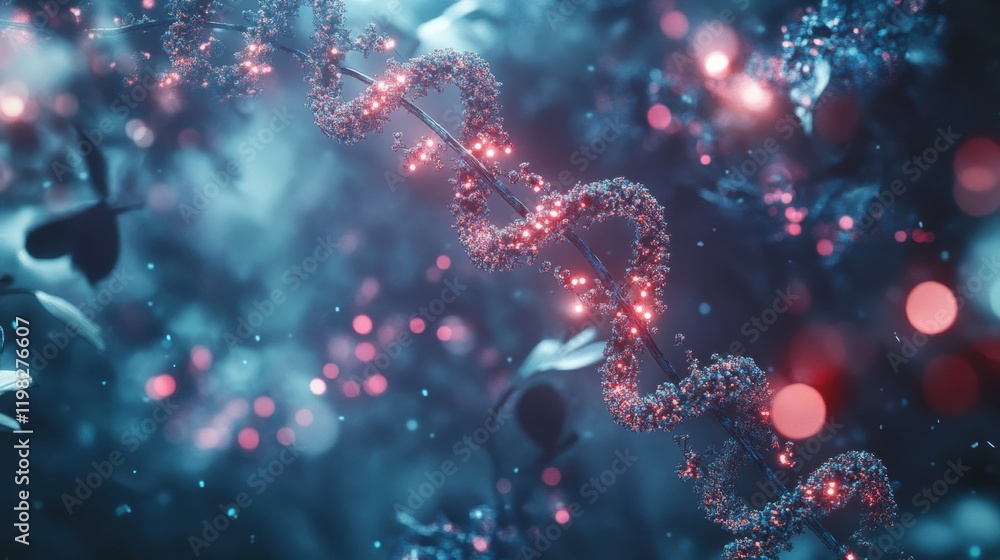 Poster close up view of molecular rna chain surrounded by various viruses in a surreal, abstract environmen