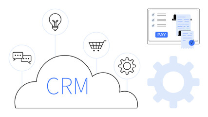CRM cloud surrounded by chat bubbles, light bulb, shopping cart, and gear icons connected. Online payment screen with checklist, profile images, approve stamp. Ideal for customer relationship