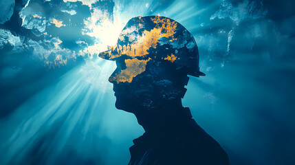 Mine coal industry, miner engineering project devotion with double exposure design. blue color background with sunlight, mining industrial. Sunpetal. Illustration
