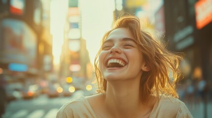 Young woman laughing joyfully on bustling city street