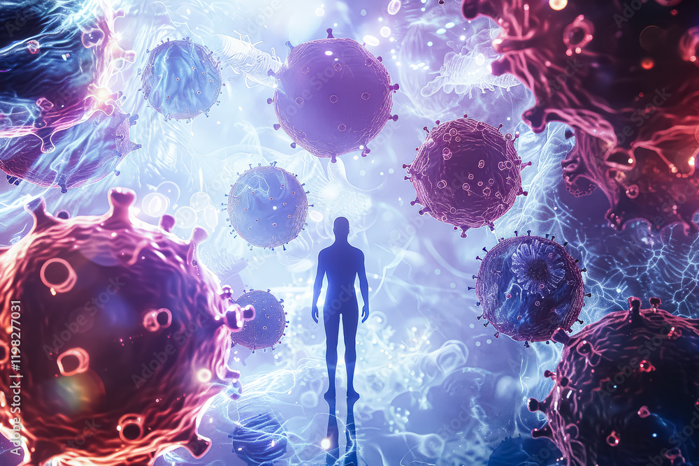 Poster man is looking at a colorful, chaotic scene of viruses and bacteria. concept of unease and uncertain