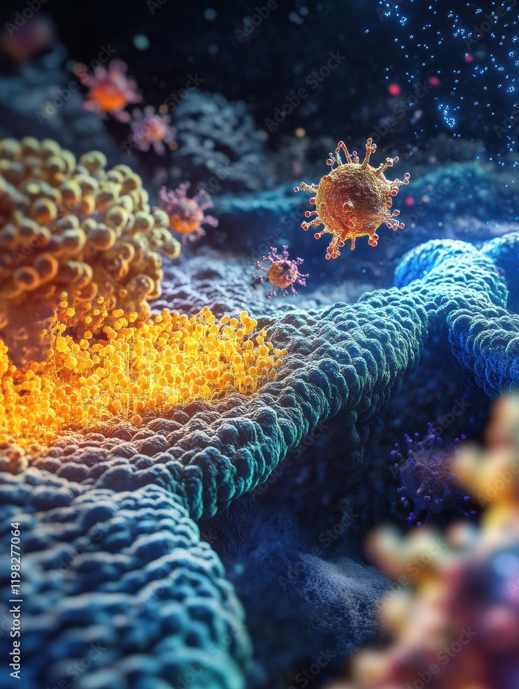 Aufkleber Close up view of molecular interactions between microbes in a vibrant biological environment. Generative AI