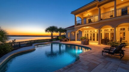 Fototapeta premium Luxury Waterfront Estate at Sunset: Poolside Paradise