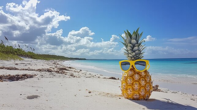 Cheerful pineapple enjoying a sunny beach day with sunglasses by the clear turquoise sea. Generative AI