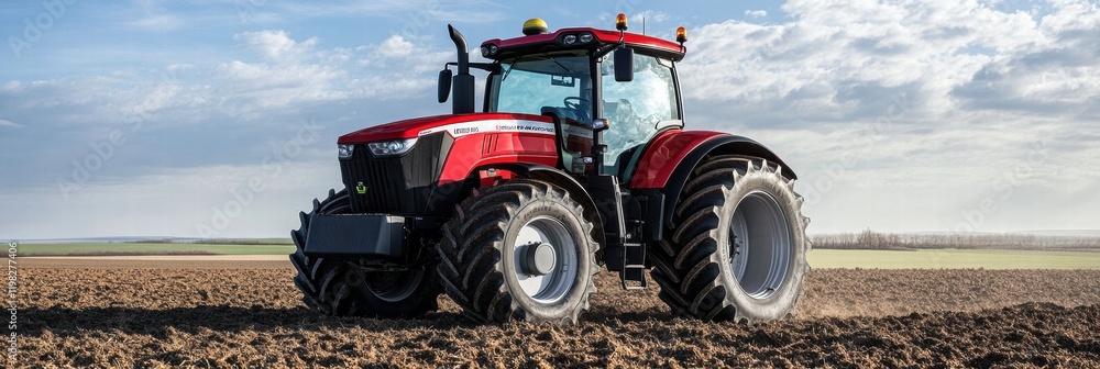 Poster red tractor working on a plowed field under a cloudy sky in the countryside. generative ai