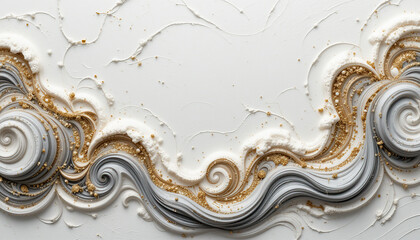 Flowing golden and white abstract patterns on a textured white background
