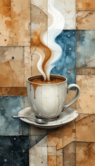 A steaming cup of coffee placed on a saucer against a textured, abstract patchwork background