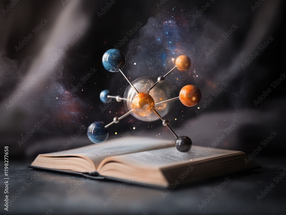 Poster cosmic themed molecular model emerging from open book, symbolizing knowledge