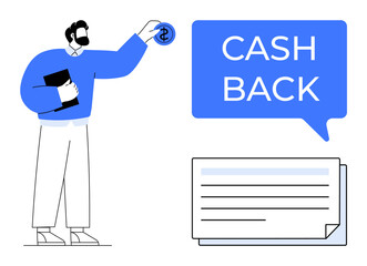 Man holds coin with dollar sign while standing beside Cash Back speech bubble and document. Ideal for finance, banking, savings, investments, refunds, customer rewards, promotional offers. Unique