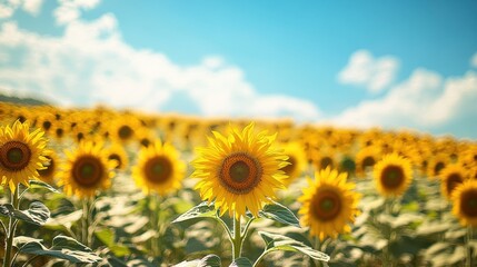Fototapeta premium Sunflower field under bright blue sky